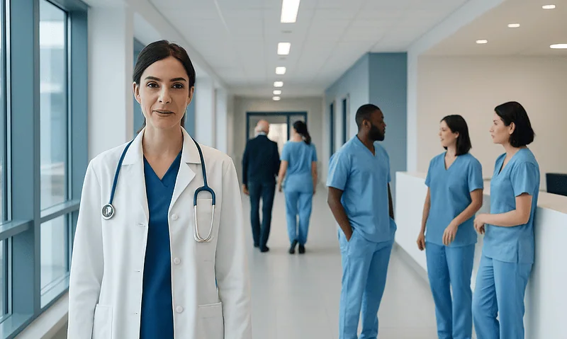 Healthcare professionals in a hospital corridor at Acibadem Hospitals Group.