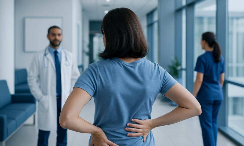Patient experiencing upper right back pain in a hospital corridor.