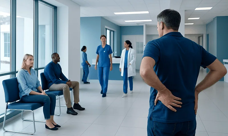 Medical team consulting patients in a modern hospital corridor.