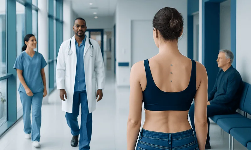 Patient with back dermal piercings in hospital corridor with medical staff.