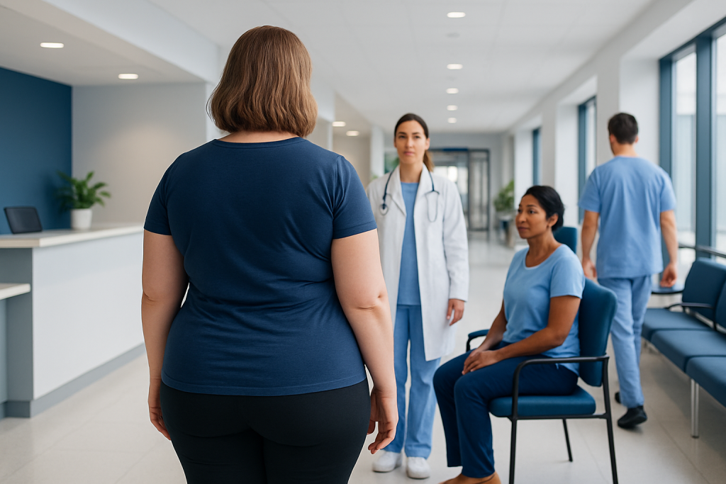 How to Get Rid of Back Fat? Causes, Explanations, and Next Steps 1 Patient consultation at Acibadem Hospital with medical staff and a visitor.