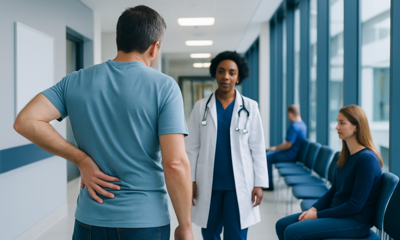 Patient consulting with doctor in hospital corridor for back nerve issues.