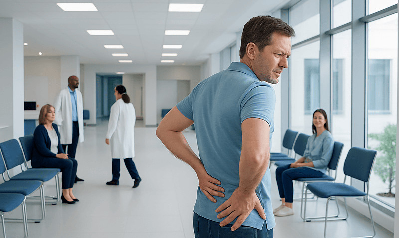 Man experiencing back pain in a hospital waiting area.