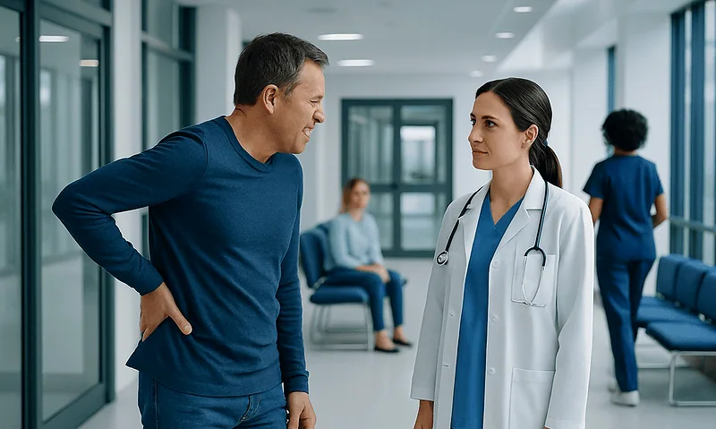 Back Pain Relief Explained: Common Triggers and Red Flags 6 Patient consulting with a doctor in a hospital corridor.