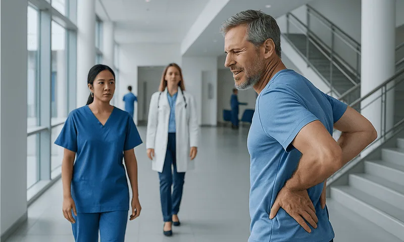 Man experiencing back pain in hospital corridor with medical staff nearby.