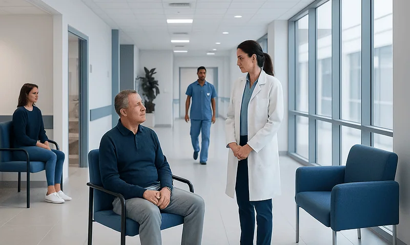 Baclofen: A Complete Medical Overview 10 Doctor consulting patient in hospital corridor with waiting area.