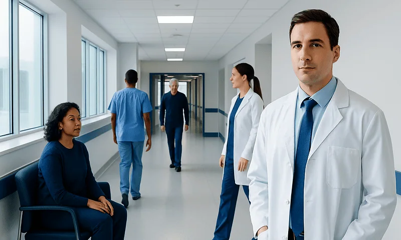 Medical team and patient in hospital corridor at Acibadem Hospitals Group.