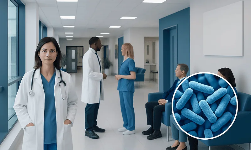 Bacteria: What Patients Need to Know 11 Healthcare professionals and patients in a hospital corridor with bacteria illustration.