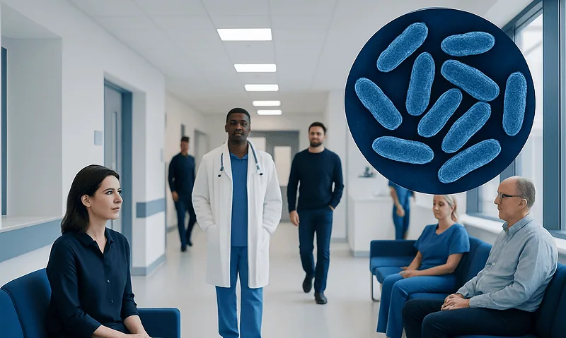 Medical consultation with patients and a close-up of bacteria in a hospital setting.