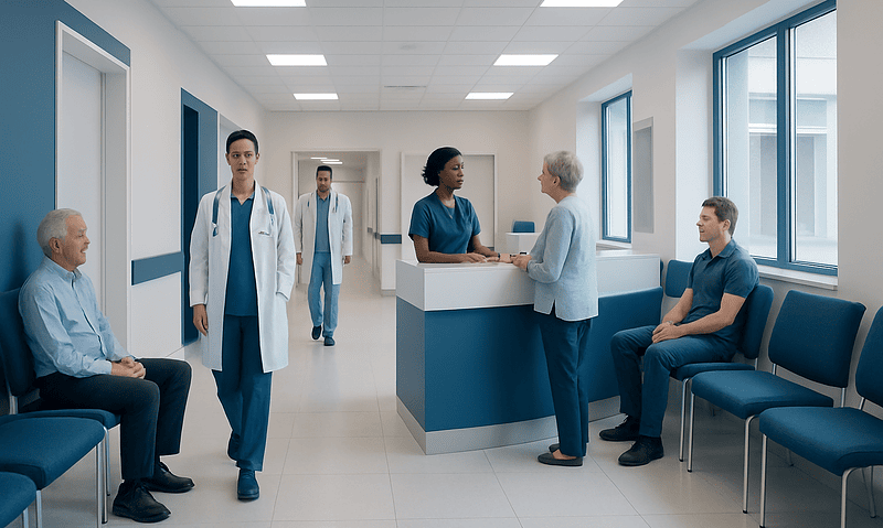 Hospital waiting area with medical staff and patients at Acibadem Hospitals Group.