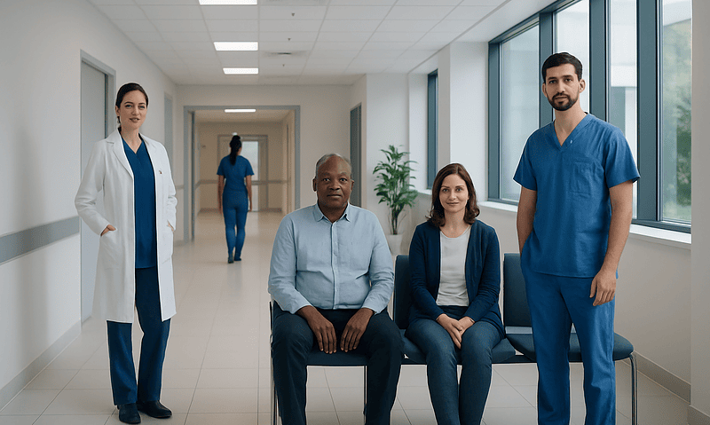 Diverse medical team in hospital corridor with patient and staff.