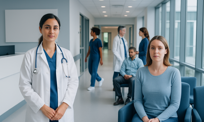 Medical team and patient in a hospital corridor at Acibadem Hospitals Group.