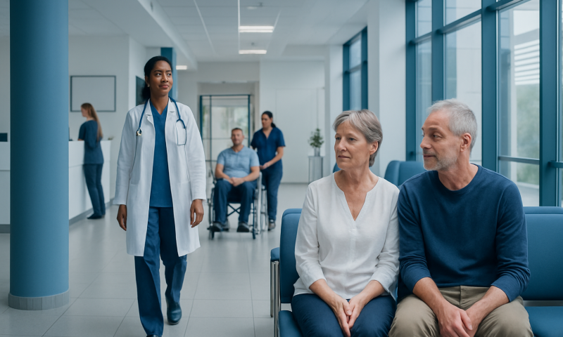 Healthcare professionals and patients in a modern hospital corridor.