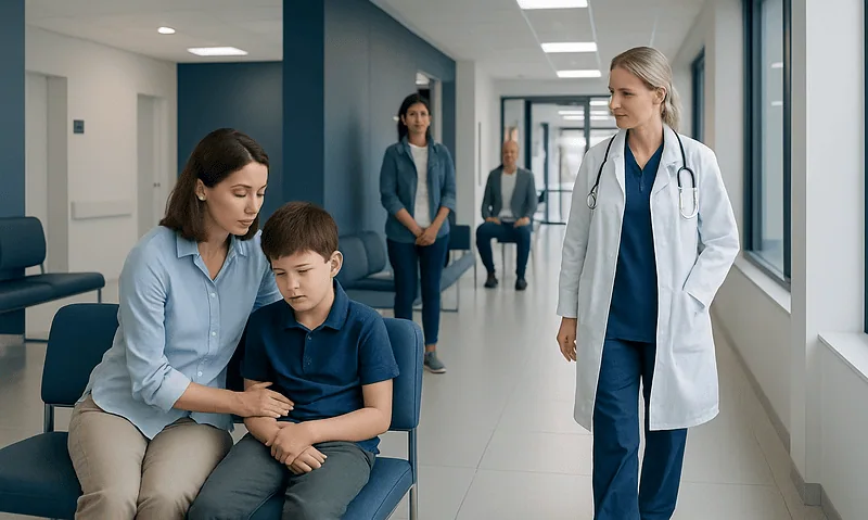Child receiving medical attention from a mother in a hospital corridor with doctors nearby.