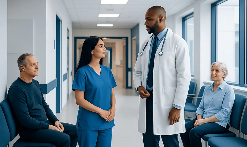 Healthcare professionals consulting with elderly patients in hospital corridor.