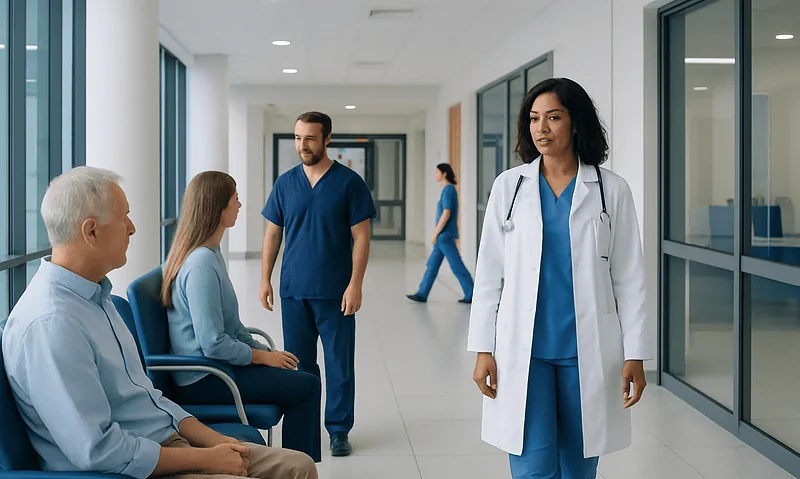 Medical staff and patients in a hospital corridor at Acibadem Hospitals Group.