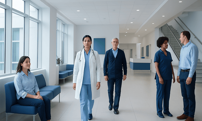 Medical professionals and patient in a modern hospital corridor.