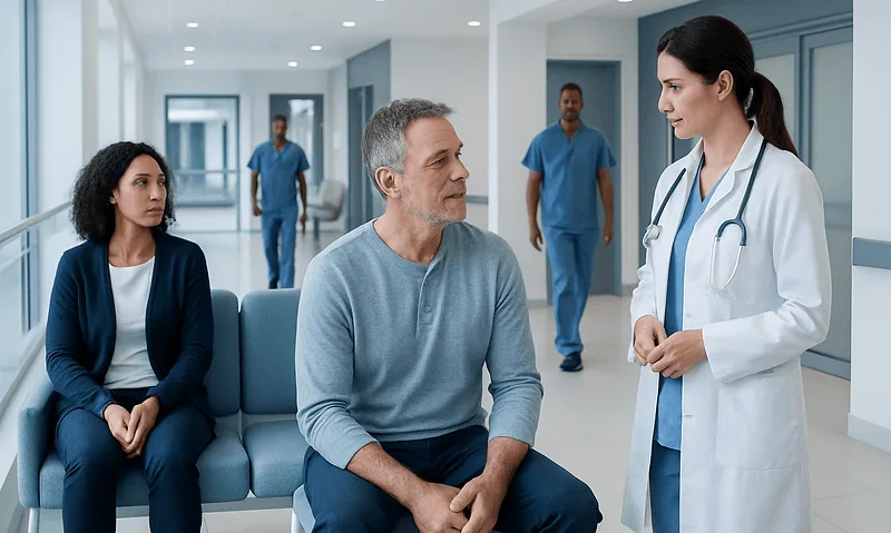 Doctor consulting with a patient in a hospital corridor with staff in the background.