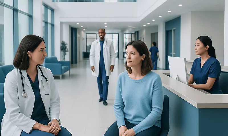 Medical consultation in a modern hospital lobby with healthcare professionals and patient.