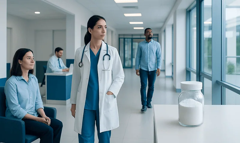 Healthcare professionals in a hospital corridor with a baking soda jar in the foreground.