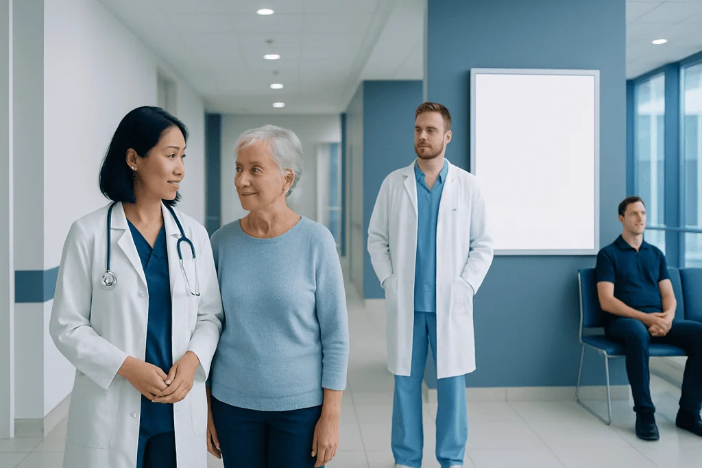 Bakuchiol: An Evidence-Based Guide for Patients 1 Medical team consulting with elderly patient in hospital corridor.