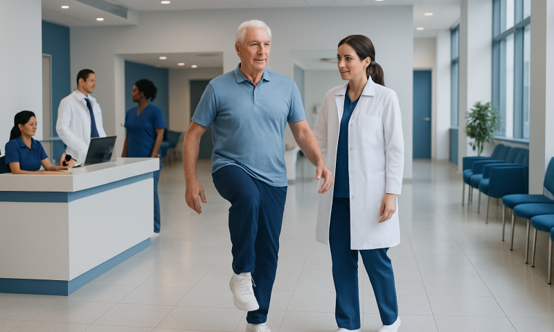 Senior man walking with healthcare professional in hospital corridor.