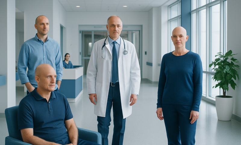 Medical team with a patient in a modern hospital corridor.