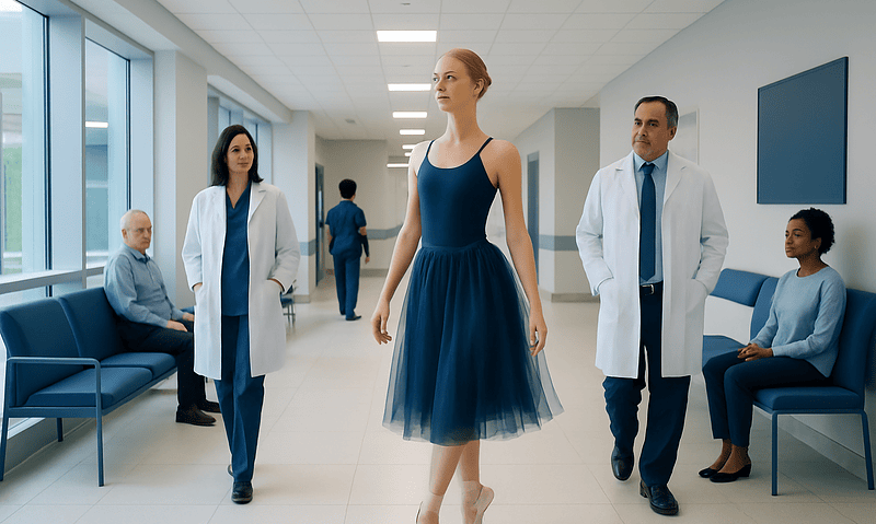 Ballet dancer walking through hospital corridor with medical staff and patients.