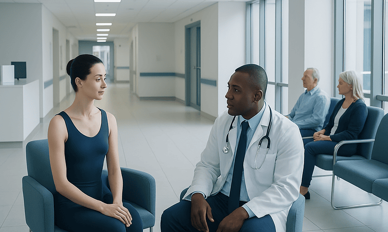 Doctor consulting with a young female patient in a hospital corridor.