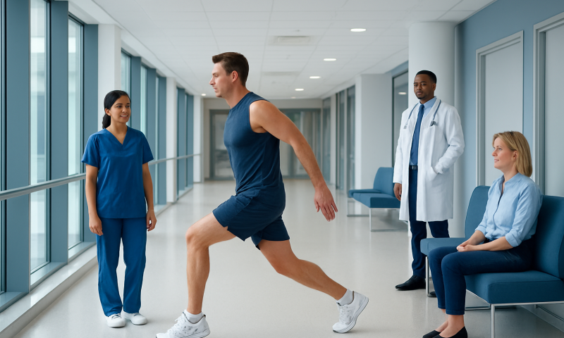 Patient performing ballistic stretching in hospital corridor with medical staff present.