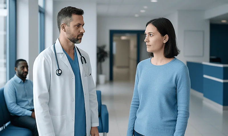 Doctor and patient having consultation in hospital corridor.