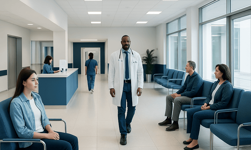 Medical professionals and patients in a modern hospital waiting area.