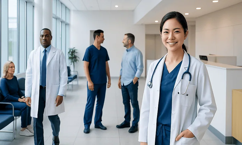 Smiling female doctor in hospital corridor with medical staff in background.