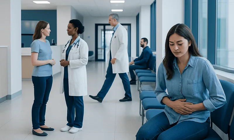 Patient experiencing menstrual cramps in hospital waiting area.