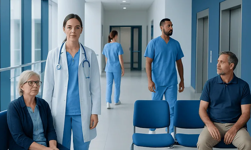 Medical staff and patients in a hospital corridor at Acibadem Hospitals Group.
