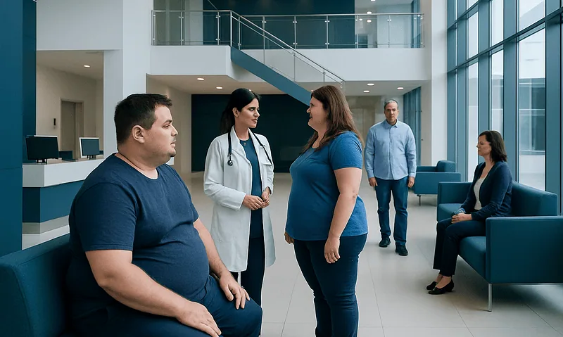 Patients in a hospital waiting area with medical staff and visitors.