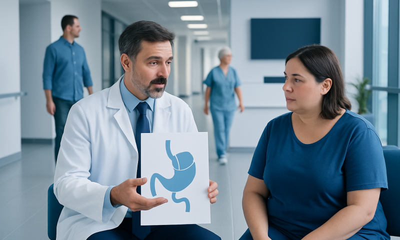 Doctor explaining stomach anatomy to a patient in a hospital setting.
