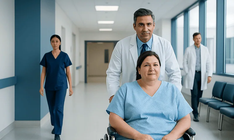 Medical team with patient in hospital corridor at Acibadem Hospitals Group.