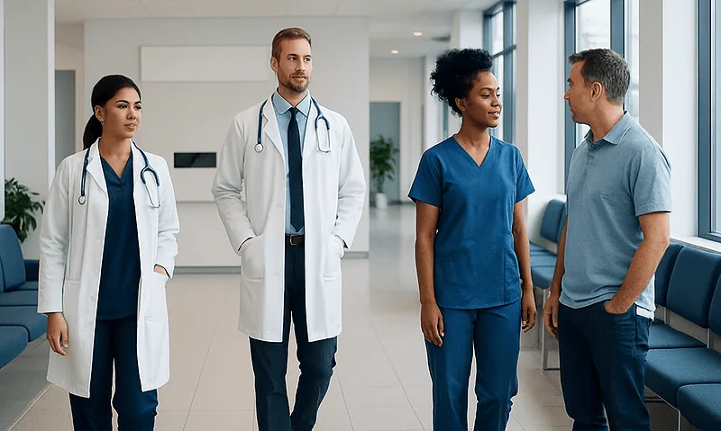 Medical team discussing patient care in hospital corridor.