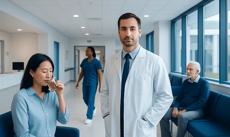 Medical professionals and patients in a hospital waiting area.