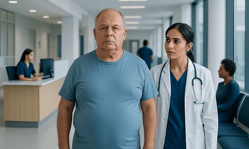 Senior male patient with doctor in hospital corridor.