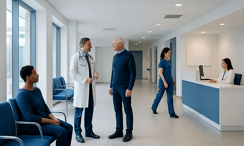 Doctors and patients in a modern hospital corridor.