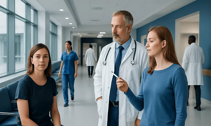 Medical consultation in a hospital corridor with healthcare professionals and patient.