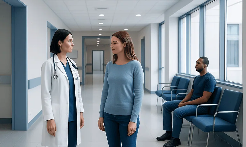 Doctor talking to patient in hospital corridor with waiting area.