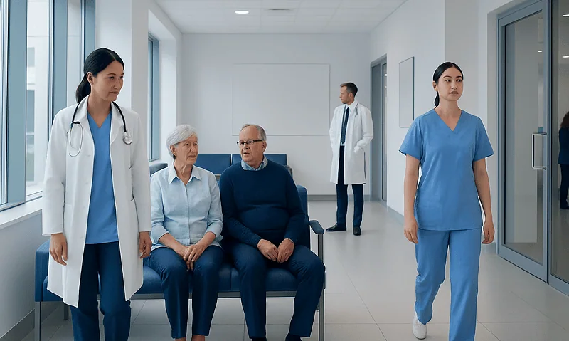 Medical staff and patients in a hospital corridor at Acibadem Hospitals Group.