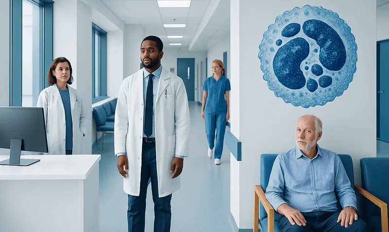Medical team consulting in a hospital corridor with a basophil illustration.