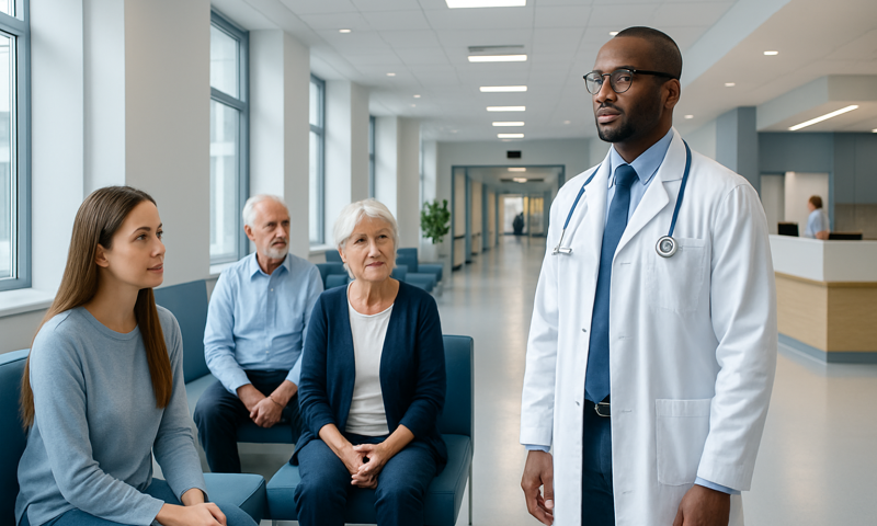 Doctor consulting with elderly patients in hospital lobby.