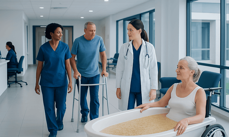 Healthcare professionals and patient in a hospital corridor.