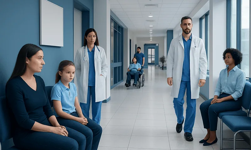Medical team and patients in hospital corridor at Acibadem Hospitals Group.