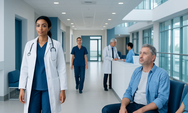 Medical staff and patient in a modern hospital corridor.